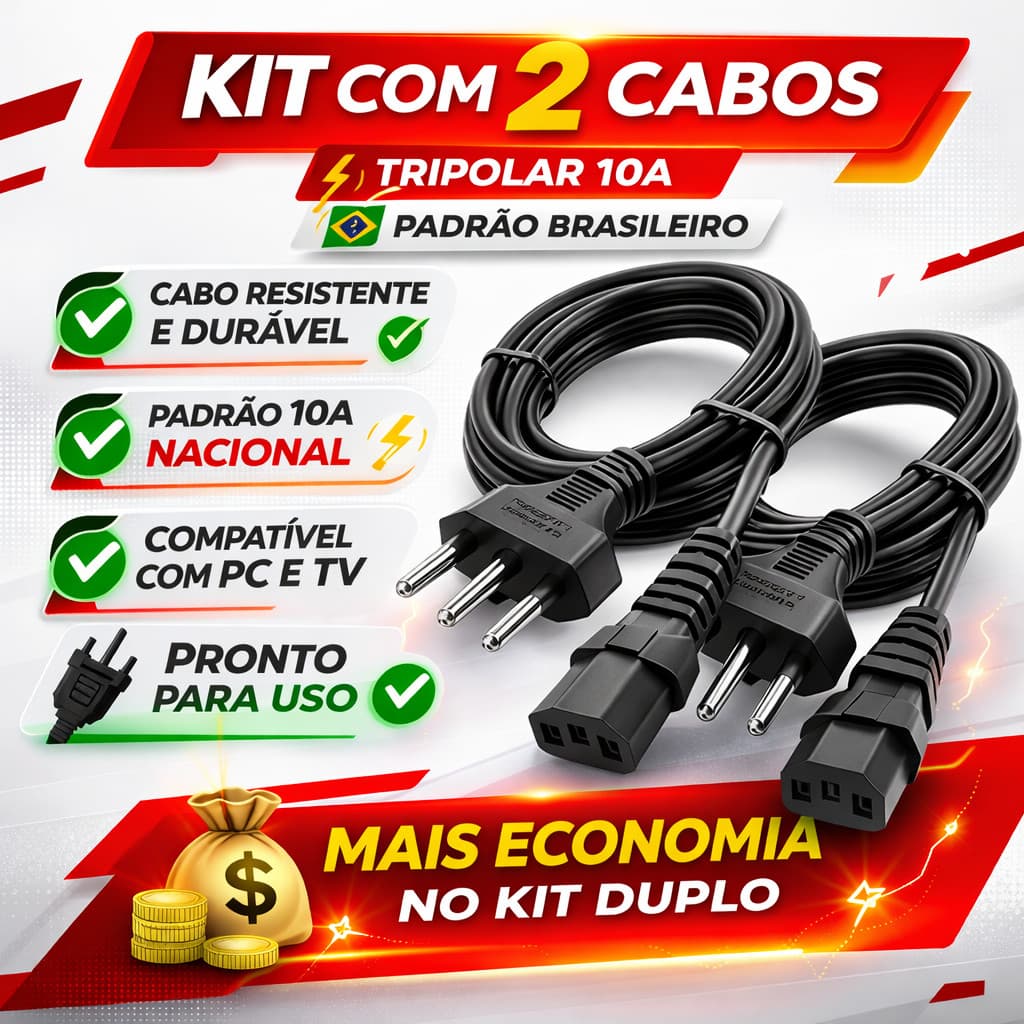 kit 2 Cabo Forca Tripolar P/ Fonte Monitor Pc 1,5 MPadrão