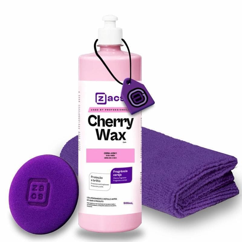 Cherry wax Zacs 500mL + aplicador e microfibra ZACS - Cera 4 em 1: Limpeza, brilho, mascaramento de riscos, proteção