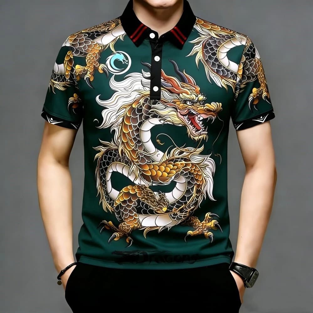 Camisa polo masculina moderna com estampa de dragão, Hip-Hop, manga curta, retrô, estampa de dragão, camisa polo masculi