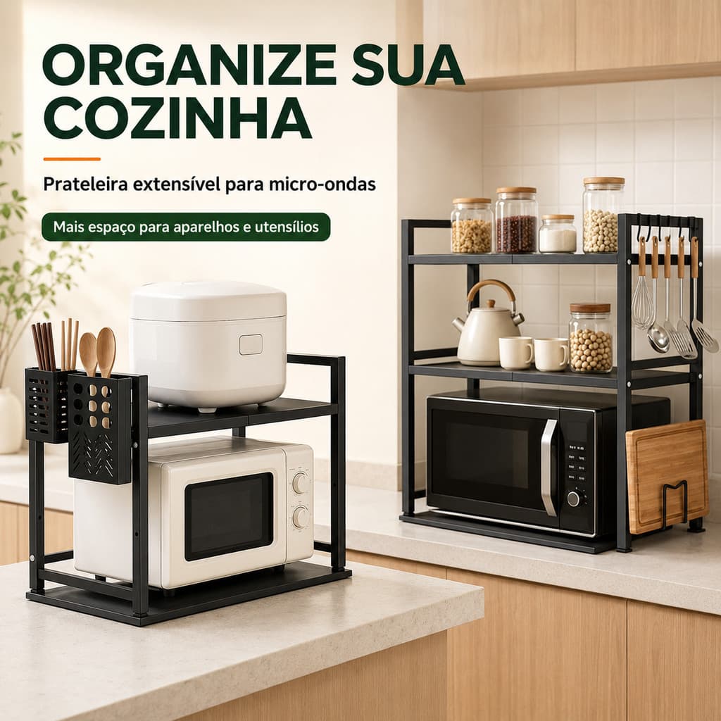 Suporte para Micro-ondas Extensível 2 Níveis com 6 Ganchos Organizador de Cozinha Preto
