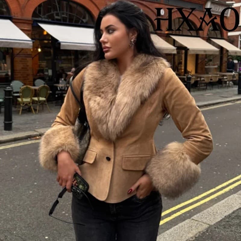 Blazers HXAO para Mulher, Jaqueta de Pele Sintética, Jaqueta Curta de Couro Sintético e Camurça para Mulheres, Blazer El