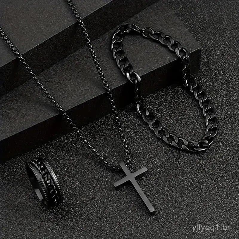 Anel decorativo em forma de cruz de metal banhado a ouro, conjunto de anel, pulseira e colar, exclusivo para mulheres.