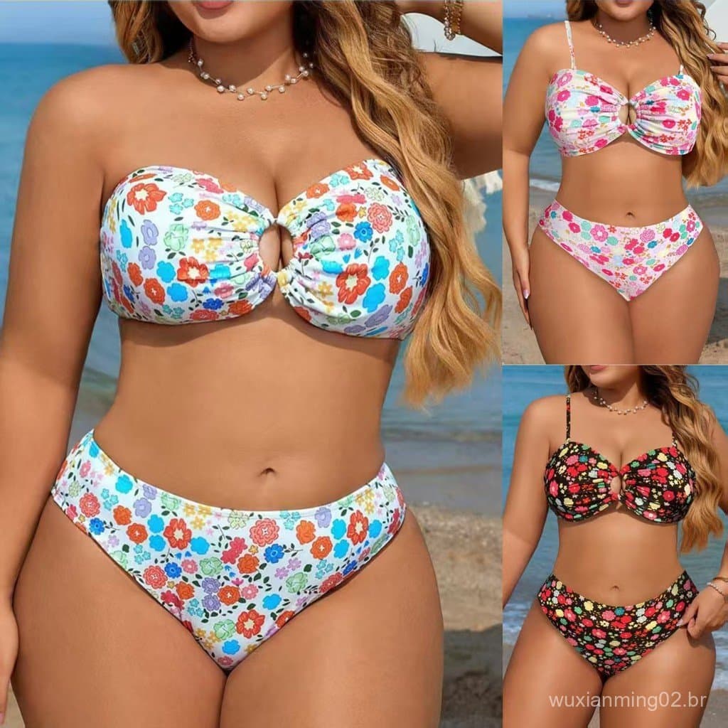 Biquíni floral plus size sem alças com recorte em anel, push-up de cintura alta, com efeito de disfarce de barriga, conj