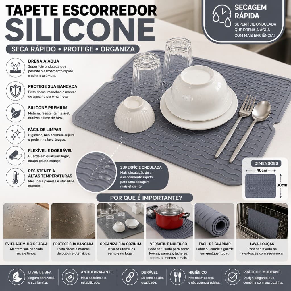 Tapete Escorredor de Louça em Silicone para Pia Cozinha Secagem Rápida Antiderrapante 40x30cm