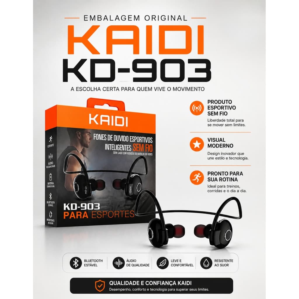 Fone De Ouvido Bluetooth Sem Fio Kaidi Kd903 - Ideal P/Esportes - Corrida Academia Bike