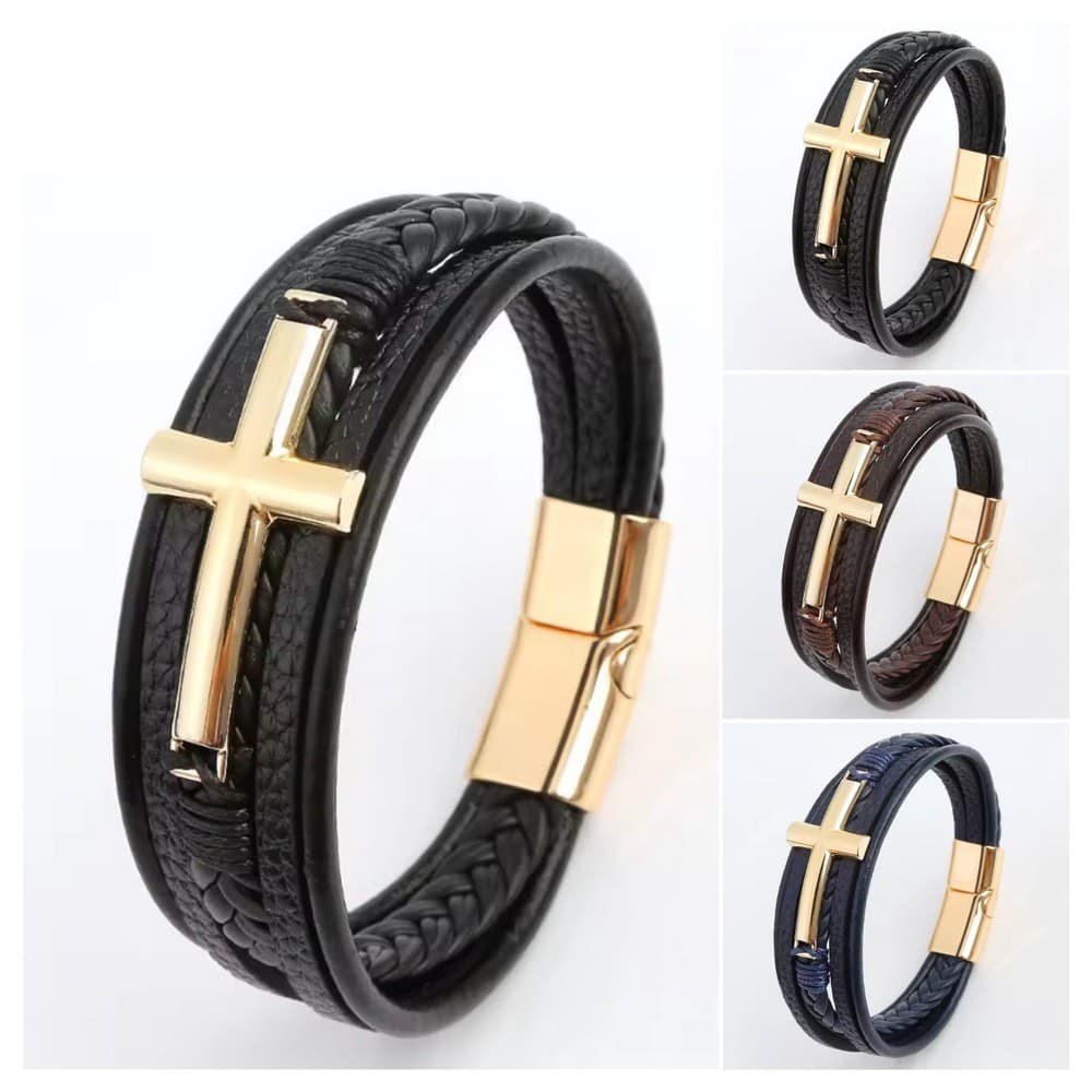 Europeu E Americano Multi-Camada Em Forma De Cruz Pulseira De Couro Clássico Masculino Retro Presente Jóias