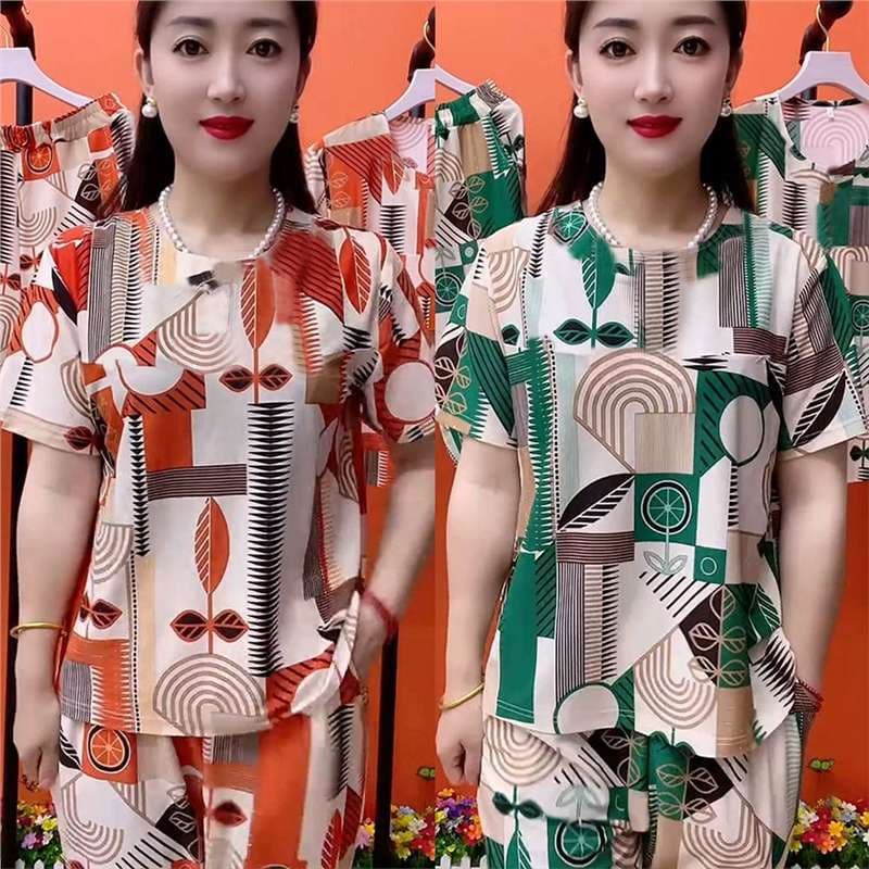 Moda verão novo estilo de seda gelo meia-idade idosos terno de duas peças de manga curta estiramento Casual feminino sol