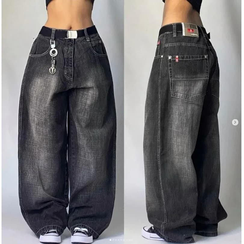 Calças Jeans Femininas Y2K de Perna Larga, Vintage, Pretas, Góticas, Hip Hop, Street, Skate, Harajuku, Novidade 2025 3WD