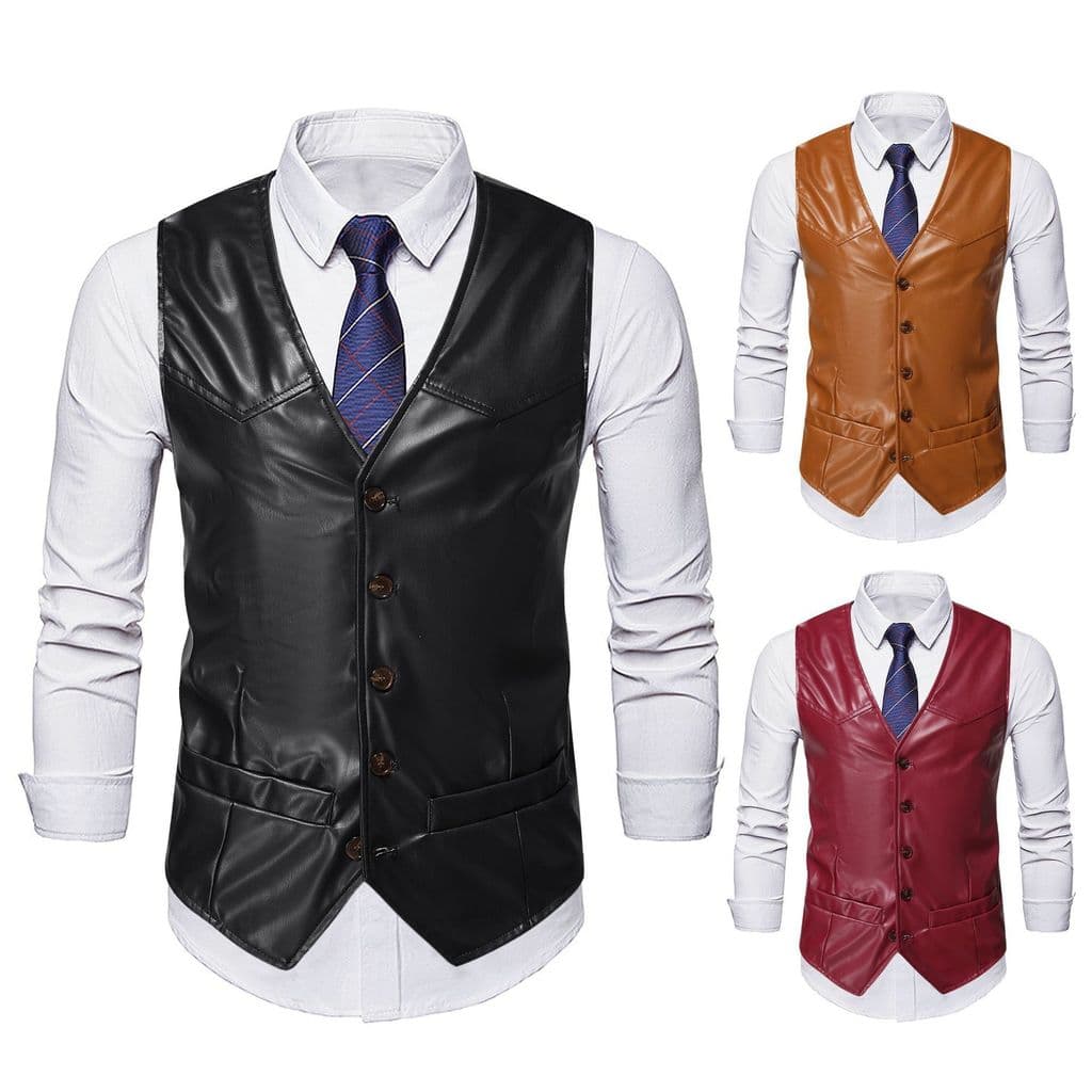 Moda masculina pu terno colete versão coreana fino ajuste com decote em V colete de couro colete 7/27
