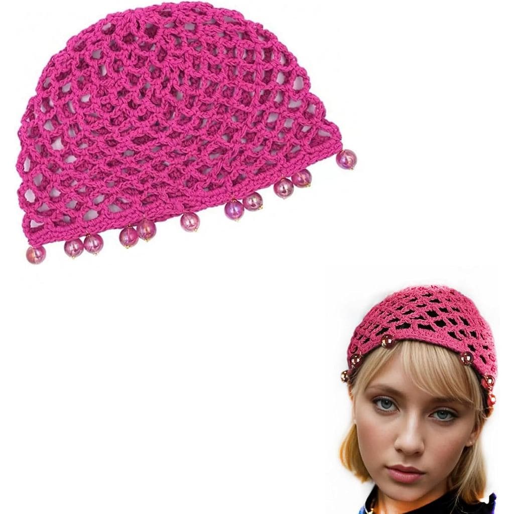 1 unidade de touca de malha de crochê rosa com pérolas, acessório de cabelo tricotado macio para mulheres e meninas.