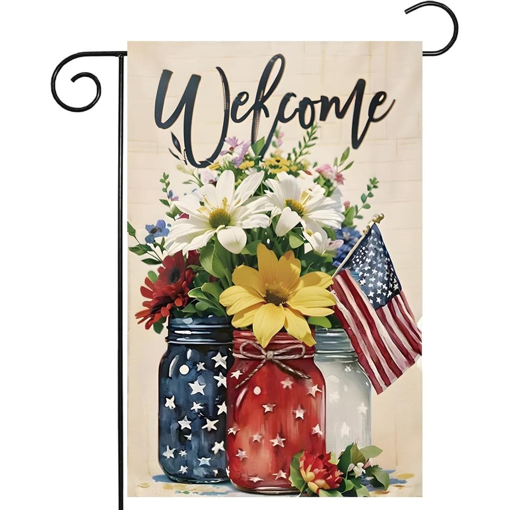Bandeira de Jardim de Verão com Flores em Pote Mason para o 4 de Julho, 12x18, Bandeira Decorativa de Juta Dupla Face pa