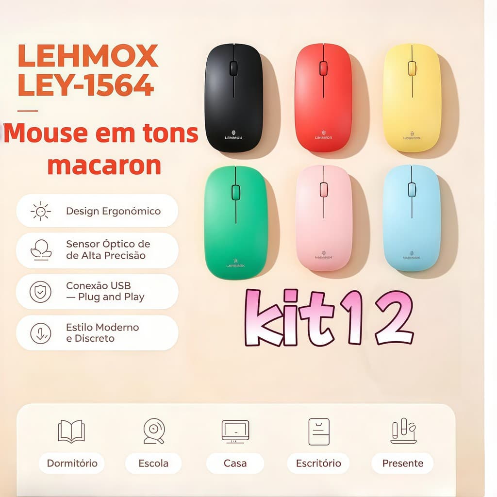 kit12 Mouse USB Ergonômico Macaron Lembrancinha | Óptico Plug & Play Simples | Home Office Escola Dormitório Notebook PC