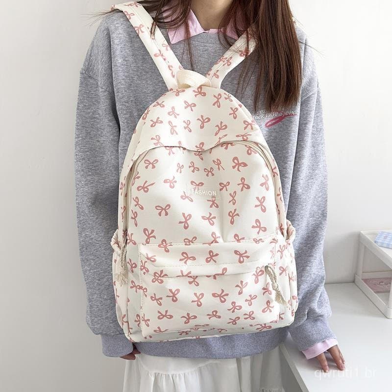 Mochila FashionGirl com Estampa de Laço, Mochila Escolar Encantadora com Boa Capacidade e Grande Espaço, Mochila Escolar