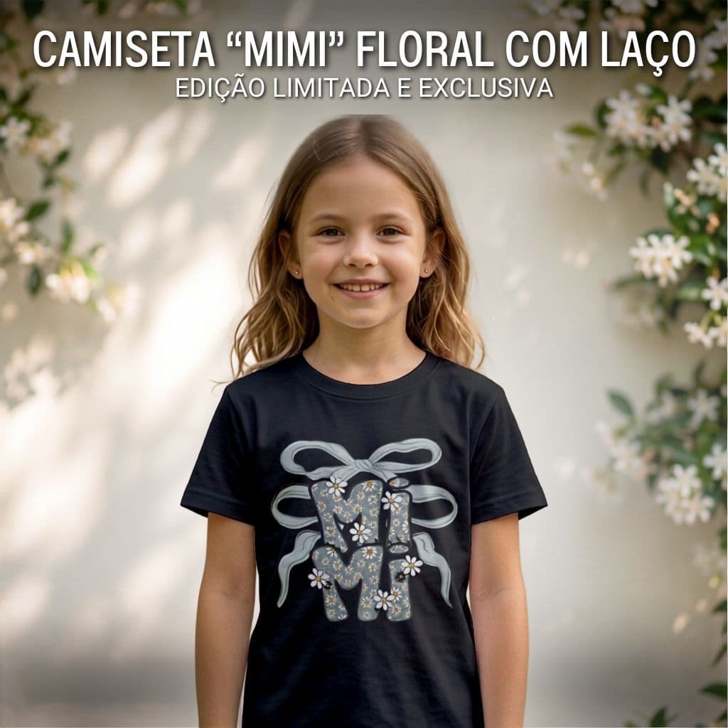 Camiseta Infantil Feminina Mimi Floral Estampada Manga Curta Casual Confortável para Meninas