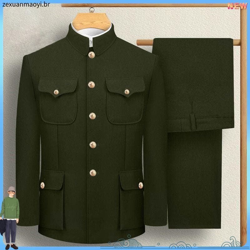 Exército verde zhongshan terno masculino outono inverno de meia-idade idosos antiquado zhongshan terno roupas de pessoas