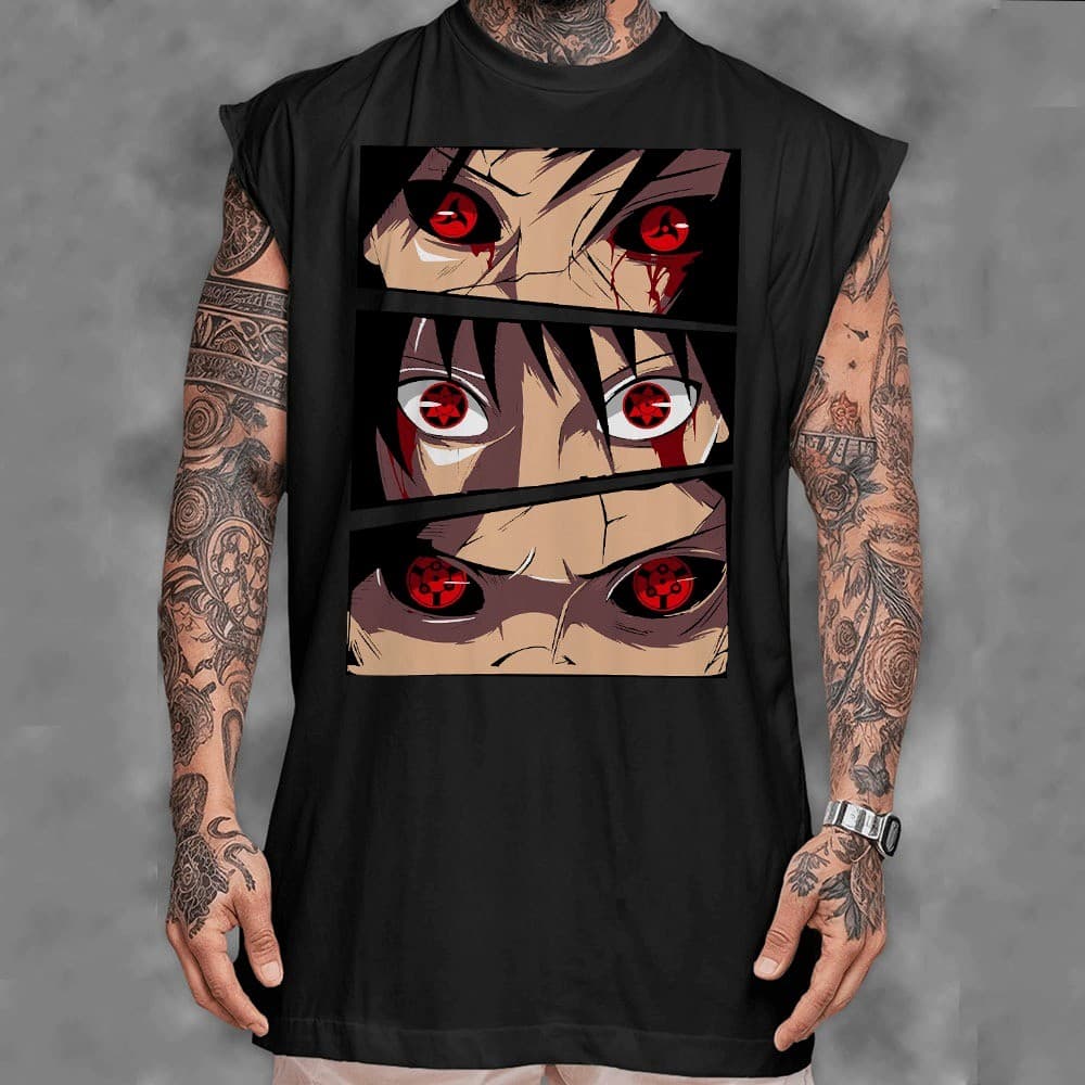 Camiseta regata machao oversized masculino anime narut Sharingan Madara Sasuke uchiha manga em algodao unissex