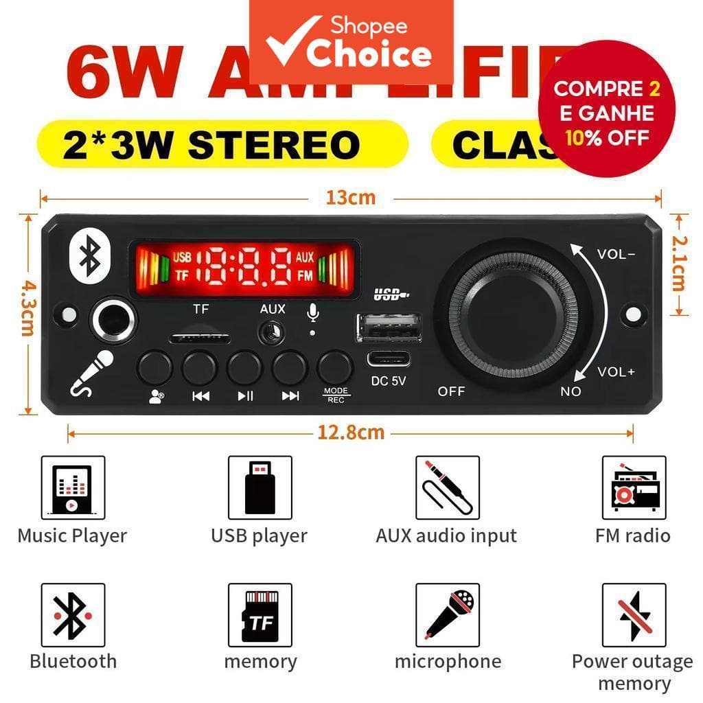 Placa Decodificadora Bluetooth MP3 DC 5V Reprodutor De Áudio Para Carro Sem Fio FM Mic 160W