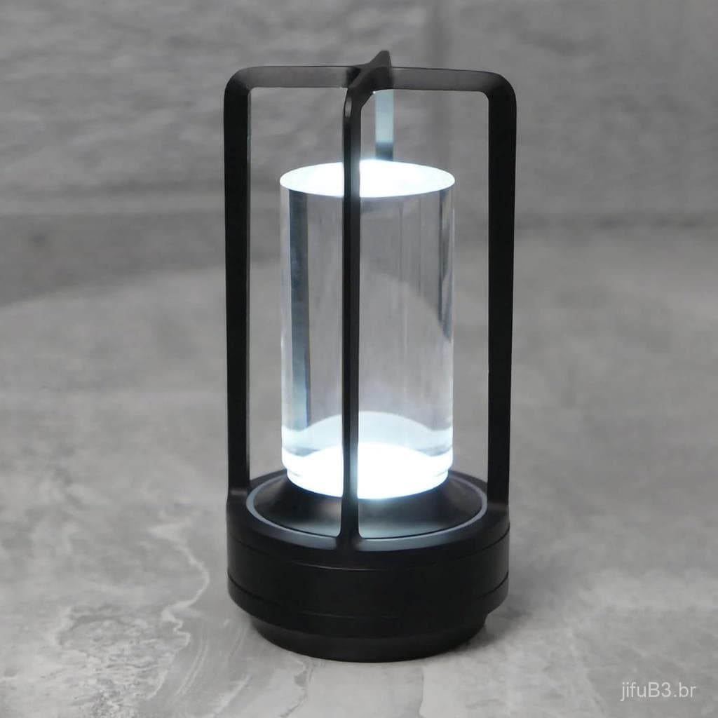 Luminária de Mesa Recarregável de Cristal, LED Touch de 3 Cores, Preta |   Lanterna de cristal em metal preto, com ajust