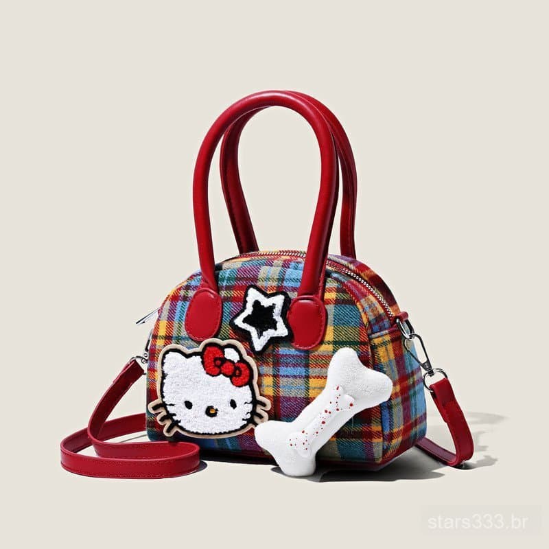 Mini Bolsa Hello Kitty Xadrez Retrô Pelúcia - Bolsa Transversal e de Mão Kawaii 2026