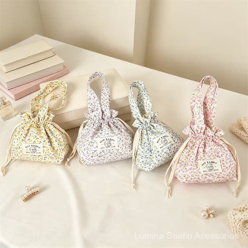 Bolsa de mão com cordão e estampa floral estilo coreano para meninas, bolsa pequena de lona portátil de alta estética, b