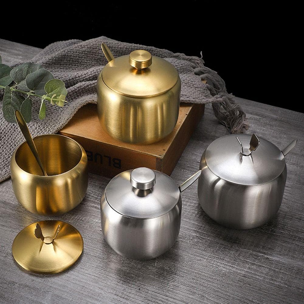 AGEON Açucareiro , Frasco De Armazenamento De Aço Inoxidável Dourado E Prateado , Com Tampa De Colher , Pote De Tempero