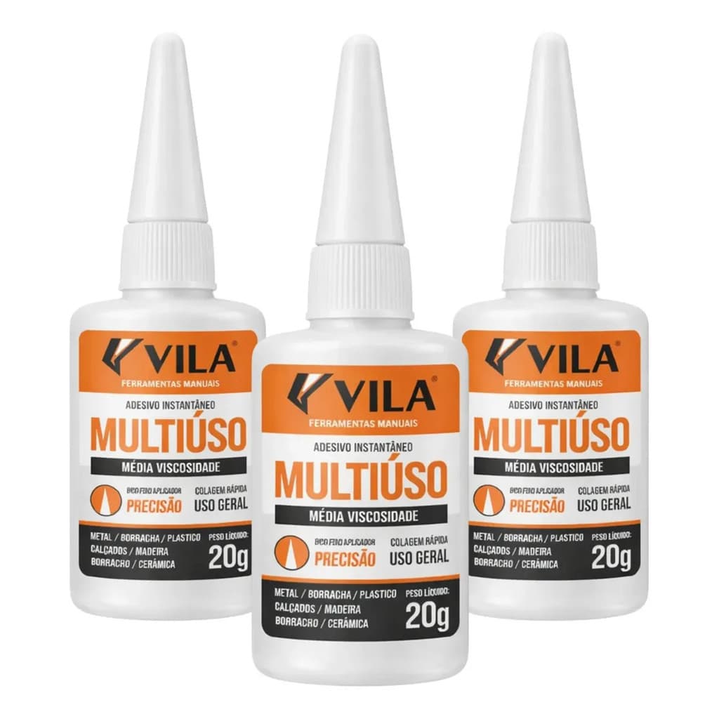 Kit 3 Adesivo Instantâneo Multiúso C/ Bico Dosador 20g Vila Tranparente (superbonder)