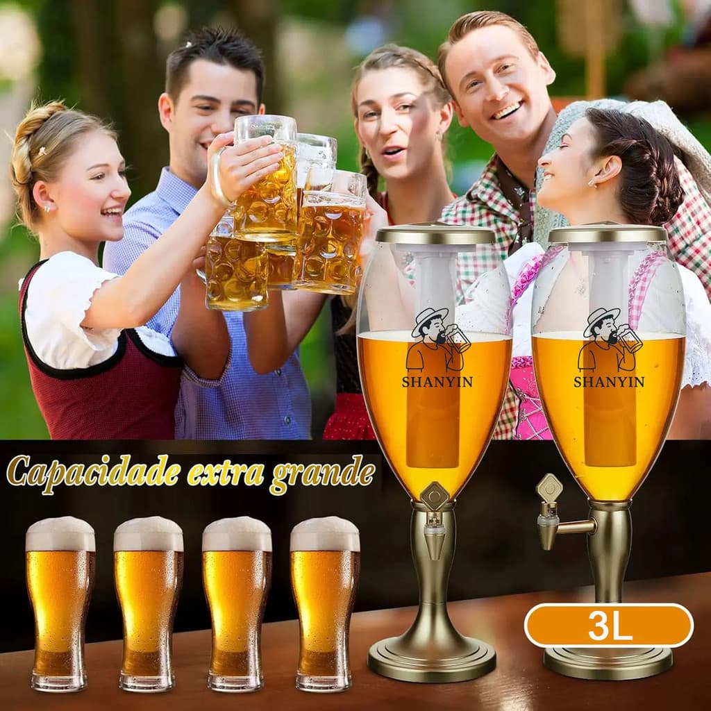 Torre de Cerveja 3L Iluminada c/ Refil Gelado | Chopeira Portátil para Festas e Eventos