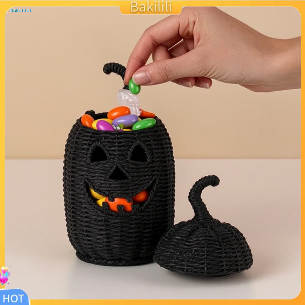 { Bakili } Cesta De Abóbora De Halloween Decorativa Vime Tecida À Mão Com Tampa De Chapéu De Bruxa-Balde Rústico De Doce