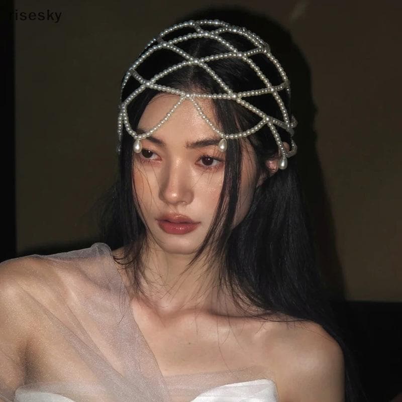 Elegante Pérolas Tecer Chapéu Retro Malha Cocar Imitação Pérola Testa Corrente Headpiece Requintado Acessórios De Casame