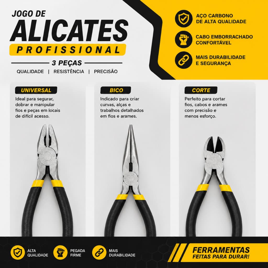 Kit 3 Alicates 4,5" Para Artesanato Eletrônica Bijuterias Corte Universal Bico Meia Cana e Redondo