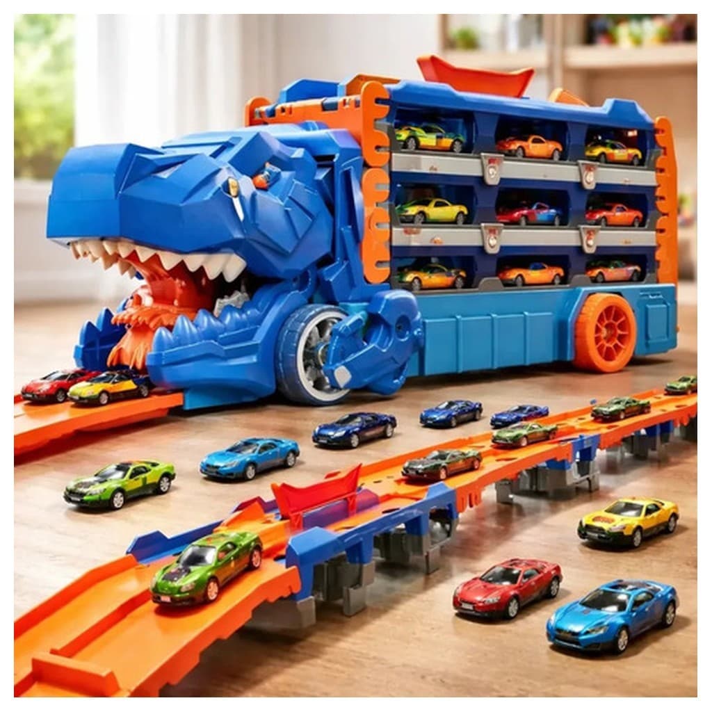Caminhão Dinossauro Pista Carrinhos Maleta Transporte Azul Shopline Brinquedo Infantil Transformação 3 Peças 2 Carros