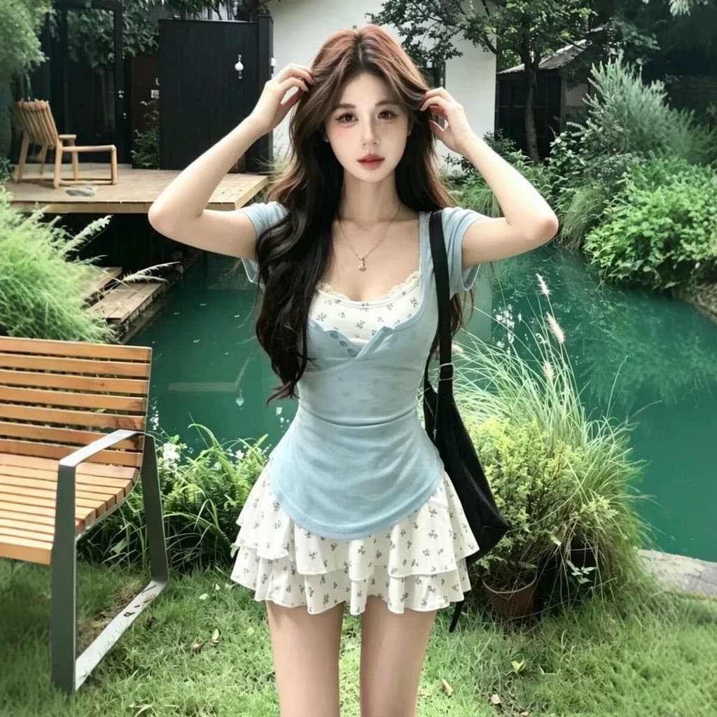((Com almofada no peito) Fresh Pure Desire Blusa de manga curta Floral Sling Cake Dress Slimmer Look Hot Girl Suit