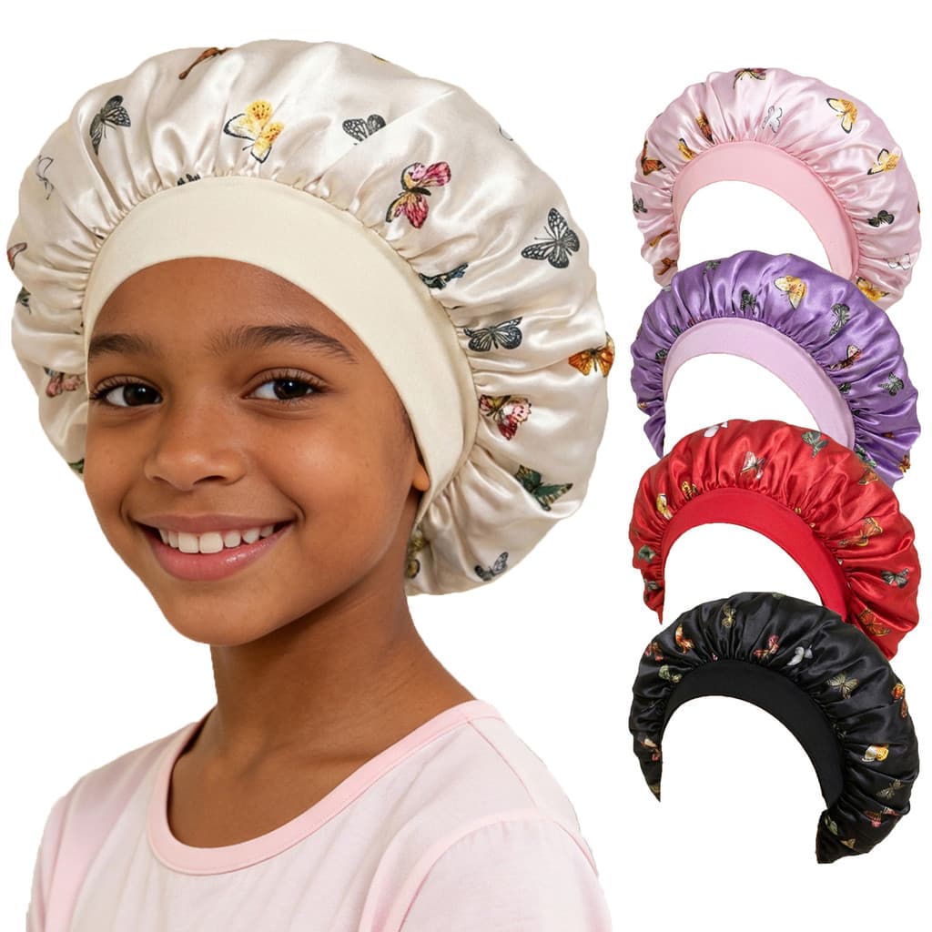 [Estoque pronto] Touca de dormir estampada estilo infantil, aba larga, elástica, cuidados com os cabelos, cetim, borbole