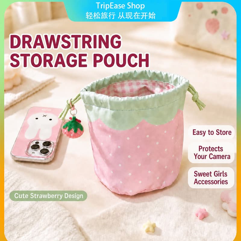 Bolsa de Armazenamento de Cosméticos / Bolsa com Cordão Super Fofa de Bolinhas e Morangos / Portátil / Bolsa para Absorv