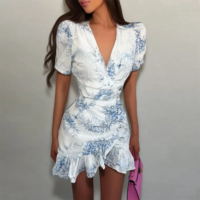 Vestido feminino elegante Floral com babados Slim fit
