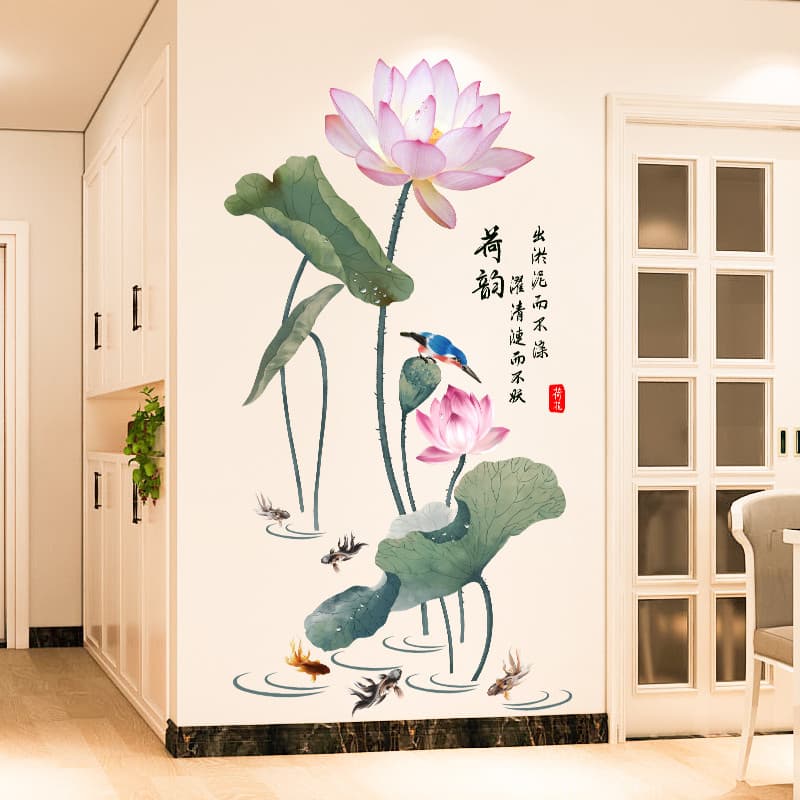 3D tridimensional adesivos de parede estilo chinês lótus adesivos entrada sala estar decoração da parede adesivos quarto