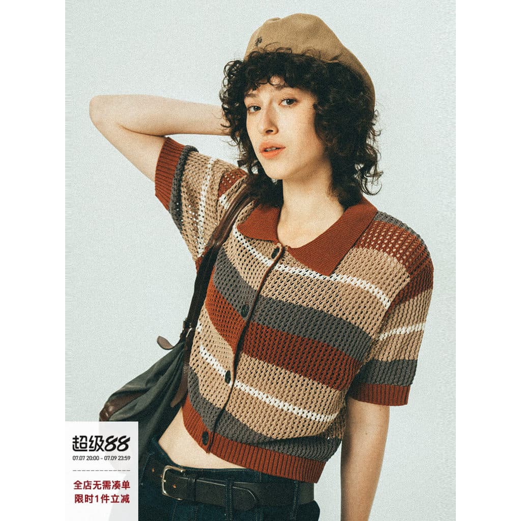 [Item com desconto] 714street Street Wear camisa feminina de manga curta verão novo estilo oco malha Cardigan lapela cam