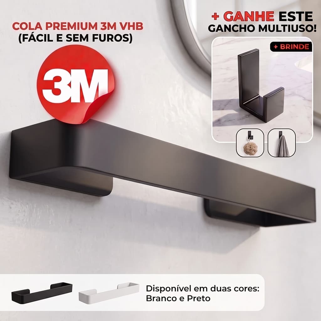 Porta Toalha Rosto Premium Fita Adesiva Sem Furo 25cm + Gancho Multiuso em Duas cores Disponíveis