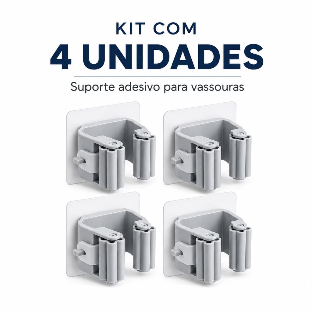 Kit 4 Suportes Adesivos para Vassoura, Rodo e Mop | Organizador de Parede Sem Furar para Lavanderia