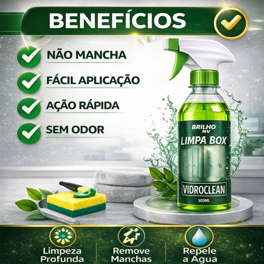 Limpa Box Vidro Banheiro 500ml - Remove Mancha de Vidros - Elimina Calcário Sem Esforço