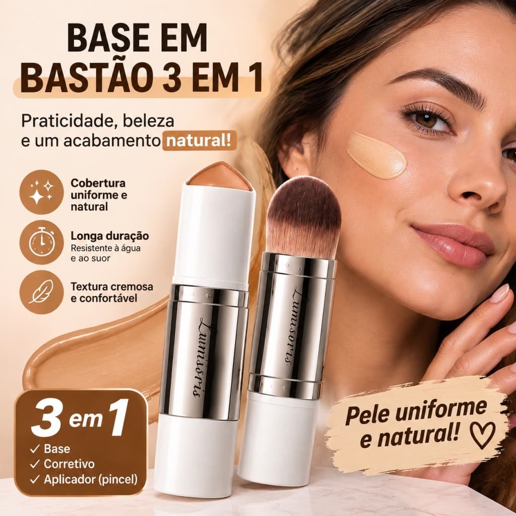 Lumisorris Bastão de Base com Pincel 3 em 1 Maquiagem Rápida Acabamento Natural Uniforme Uso Diário