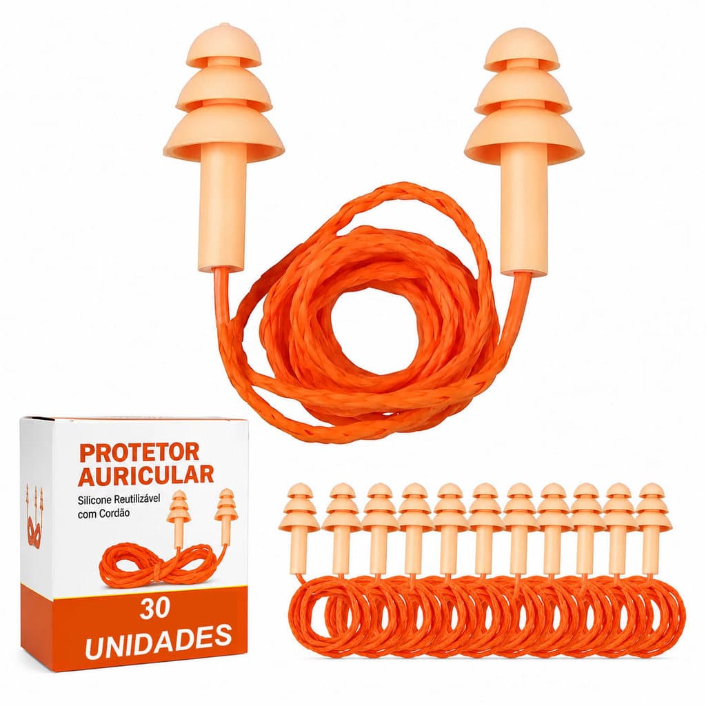 Kit 30 Protetor Auricular Plug Silicone 18dB Maximus CA 28534 Protetor Ouvido Auditivo Com Cordao