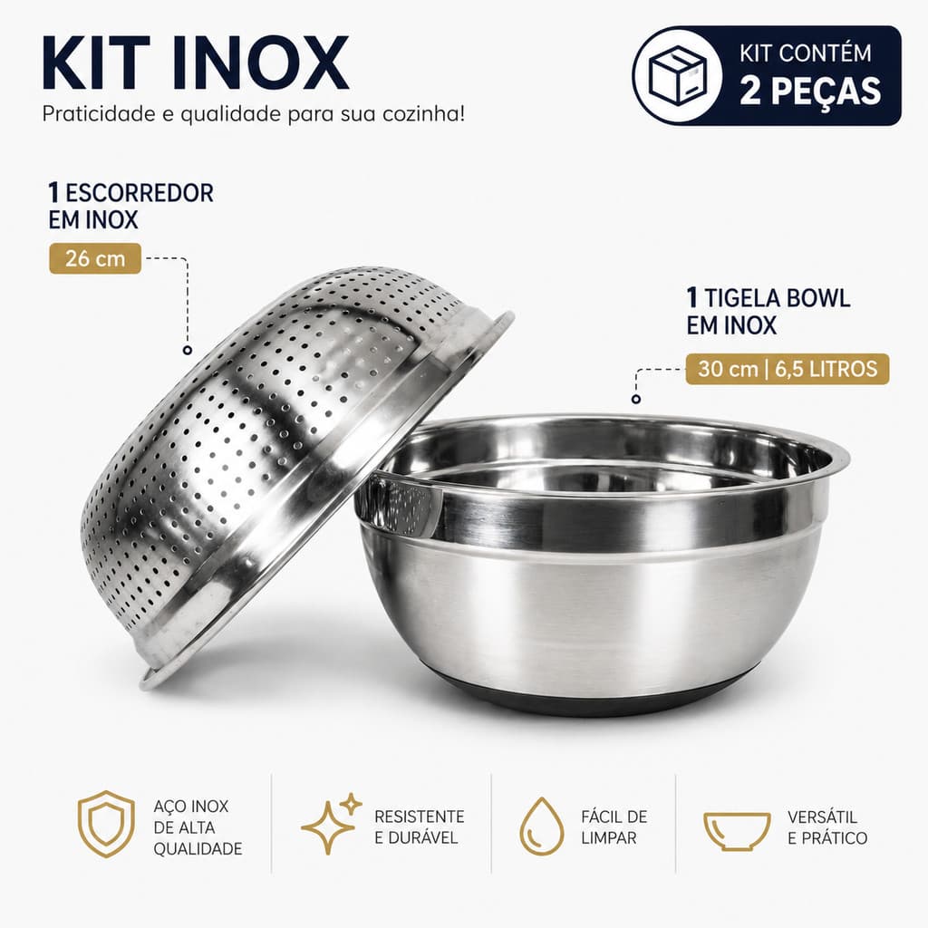 Escorredor 26cm Inox + Tigela 6,5L Multiuso Cozinha