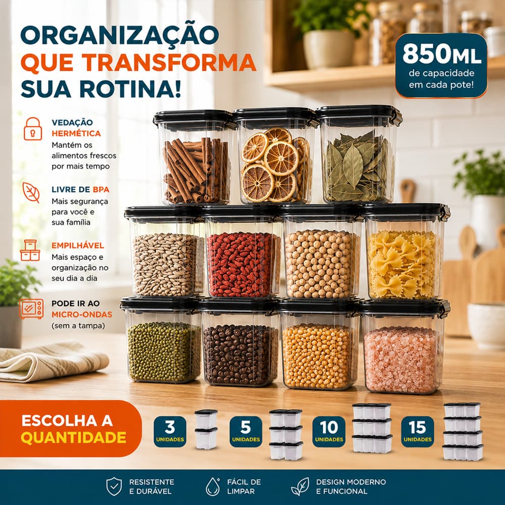 Kit Marmita Fitness Potes Plásticos 850ML P/ Microondas e Geladeiras Dietas Pote Hermético