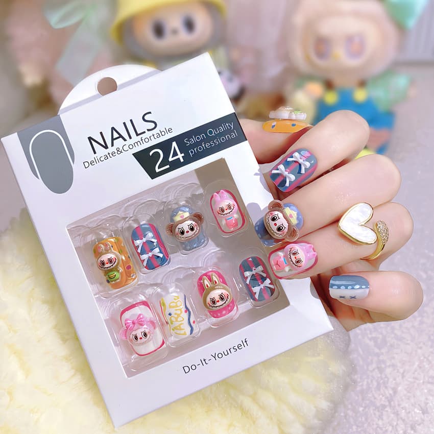 Unhas curtas destacáveis estilo menina, pintadas à mão, com laço, estilo cartoon, reutilizáveis, unhas postiças 3D com e