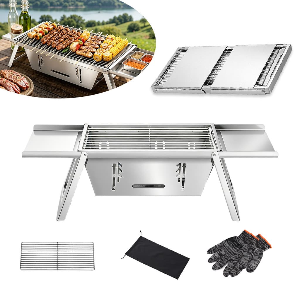 Churrasqueira Carvão Inox 304 Portátil Dobrável Camping Piquenique Bolsa Transporte