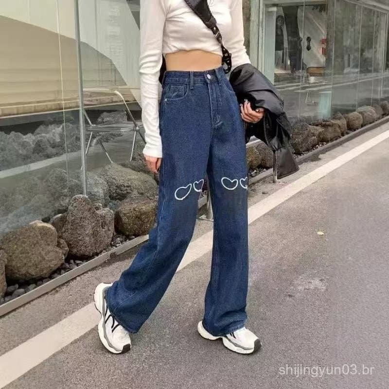 Calças Jeans Femininas da Moda, Shorts Jeans Retrô Femininos, Calças Compridas Retas, Roupas Casuais de Cintura QW8R