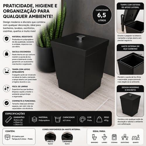Lixeira Compacta Tampa 65 Litros Plastico Resistente Cozinha Banheiro Preto