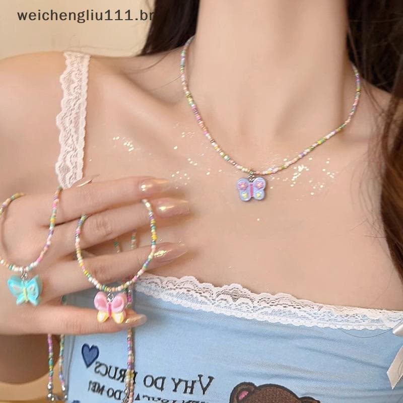# weicheng Boho Beads Colorido Acrílico Borboleta Pingente Nelaces Para Mulheres Y2K Meninas Clavícula Corrente Garganti