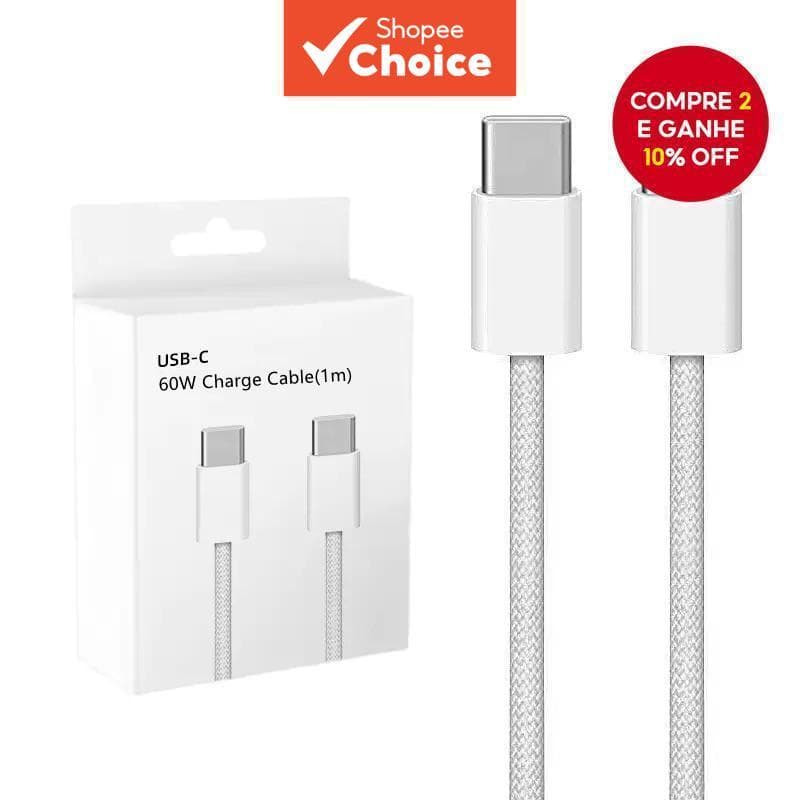 Cabo USB-C para Apple iPhone 15 16 17 Pro Max PD 60W de carregamento rápido para Samsung Tipo C trançado